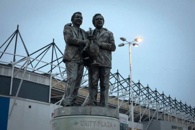 An exterior view of the statue to former managers Brian Clough and Peter Taylor outside the ground before Derby County played Stoke City in an EFL ...