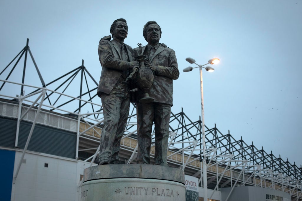 An exterior view of the statue to former managers Brian Clough and Peter Taylor outside the ground before Derby County played Stoke City in an EFL ...