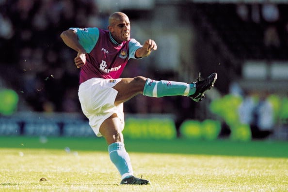 8 Sep 2001:  Trevor Sinclair of West Ham United has a shot during the FA Barclaycard Premiership match against Derby County played at Pride Park, i...