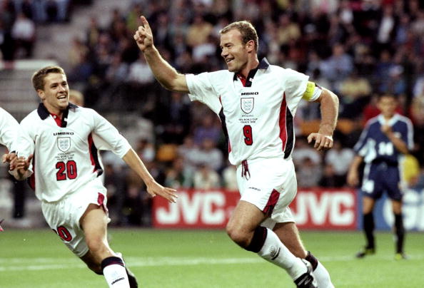 30 Jun 1998:  England captain Alan Shearer celebrates his goal during the World Cup second round match against Argentina at the Stade Geoffroy Guic...