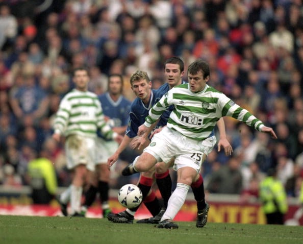 26 Nov 2000:  Lubomir Moravcik of Celtic is watched by Tore Andre Flo and Barry Ferguson of Rangers during the Scottish Premier League match played...