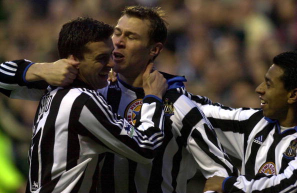 16 Jan 2000:   Duncan Ferguson of Newcastle celebrates with Gary Speed and Nolberto Solano after scoring the second goal during the Newcastle Unite...