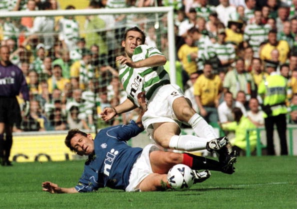 27  Aug 2000:  Alan Stubbs of Celtic clashes with Billy Dodds of Rangers during the Glasgow Celtic v Glasgow Rangers Bank of Scotland Premier Leagu...
