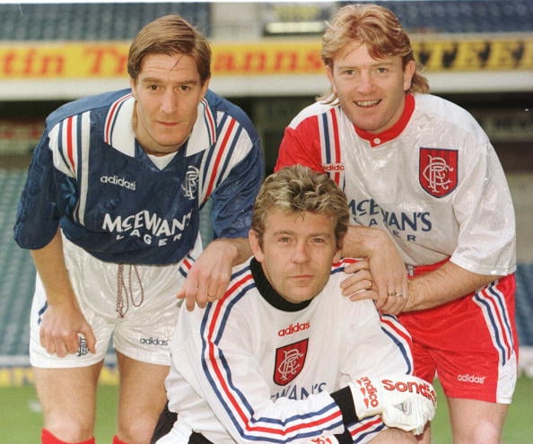 9 May 1996: Rangers players, Richard Gough, Andy Goram and Stuart McCall show off their new Adidas shirts Mandatory Credit: Gary M. Prior/ALLSPORT
