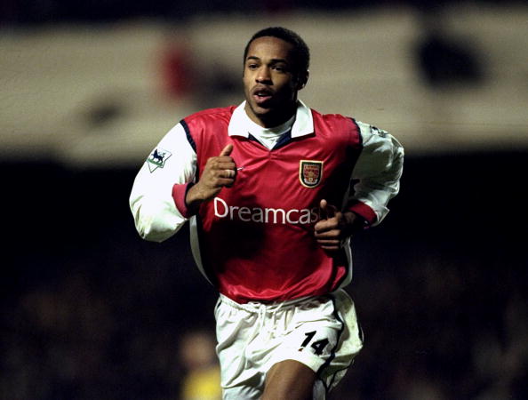 28 Nov 1999:  Joy for Arsenal scorer Thierry Henry during the FA Carling Premiership match against Derby County at Highbury in London. Arsenal won ...