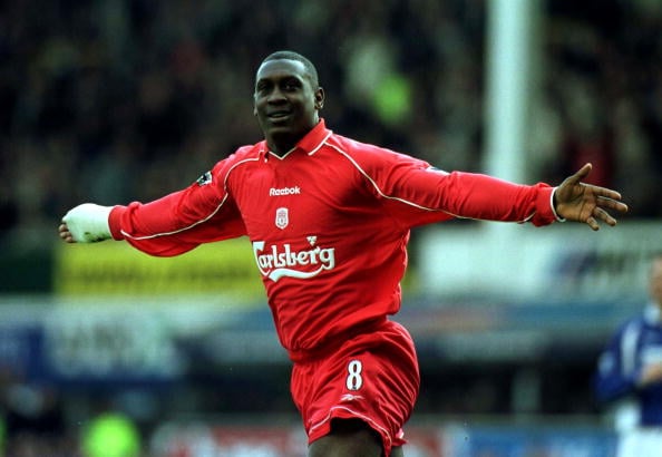 16 Apr 2001: Emile Heskey of Liverpool celebrates after scoring the first goal during the Everton v Liverpool FA Carling Premiership match at Goodi...