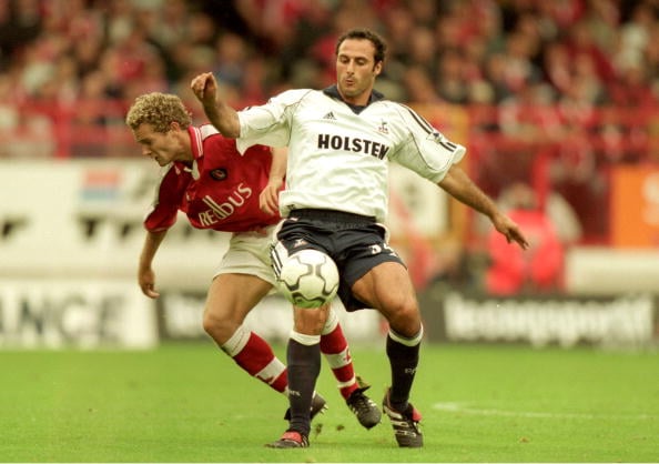 16 Sep 2000:  Ramon Vega (right) of Tottenham Hotspur holds off Jonatan Johansson of Charlton Athletic during the FA Carling Premiership match at T...