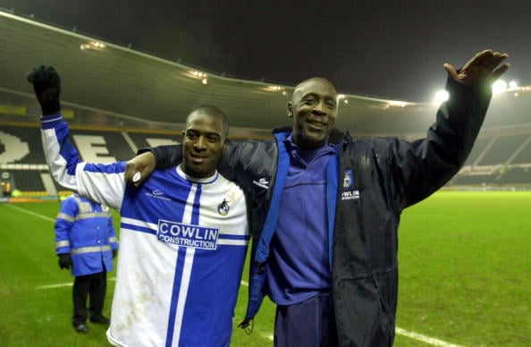 6 Jan 2002: Garry Thompson Bristol Manager celebrates with goal scorer Nathan Ellington after the match between Derby County and Bristol Rovers in...