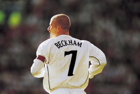 6 Oct 2001: David Beckham of England during the World Cup Group 9 Qualifier between England and Greece at Old Trafford in Manchester, England. Eng...