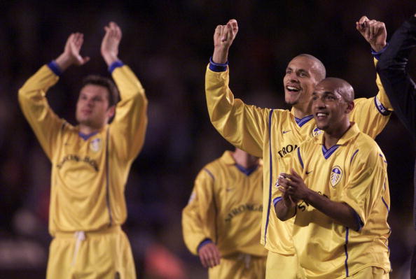 17 Apr 2001. Rio Ferdinand of Leeds leads the celebrations with Olivier Dacourt during  the 2nd leg of the UEFA Champions league quarter final at t...