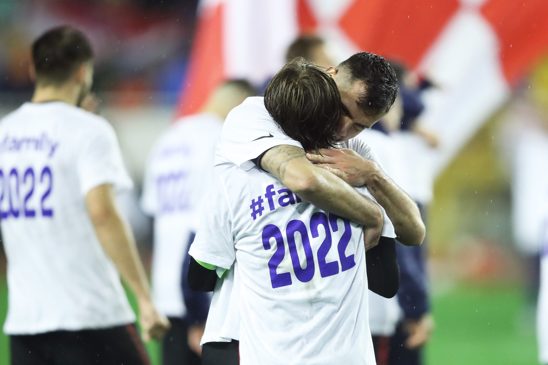 SPLIT, CROATIA - NOVEMBER 14:   Dejan Lovren and Luka Modric of Croatia celebrate the victory after the 2022 FIFA World Cup Qualifier match between...
