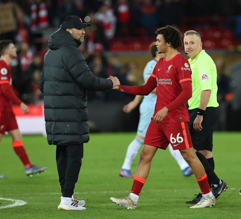 THE SUN OUT. THE SUN ON SUNDAY OUT0 Jurgen Klopp manager of Liverpool with Trent Alexander-Arnold of Liverpool at the end of the Premier League match between Liverpool and West Ham United at Anfield on March 05, 2022 in Liverpool, England. (Photo by John Powell/Liverpool FC via Getty Images