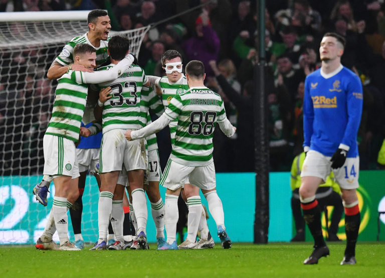GLASGOW, SCOTLAND - FEBRUARY 02: Reo Hatate of Celtic celebrates with his team-mates after scoring his team's second goal during the Cinch Scottish...