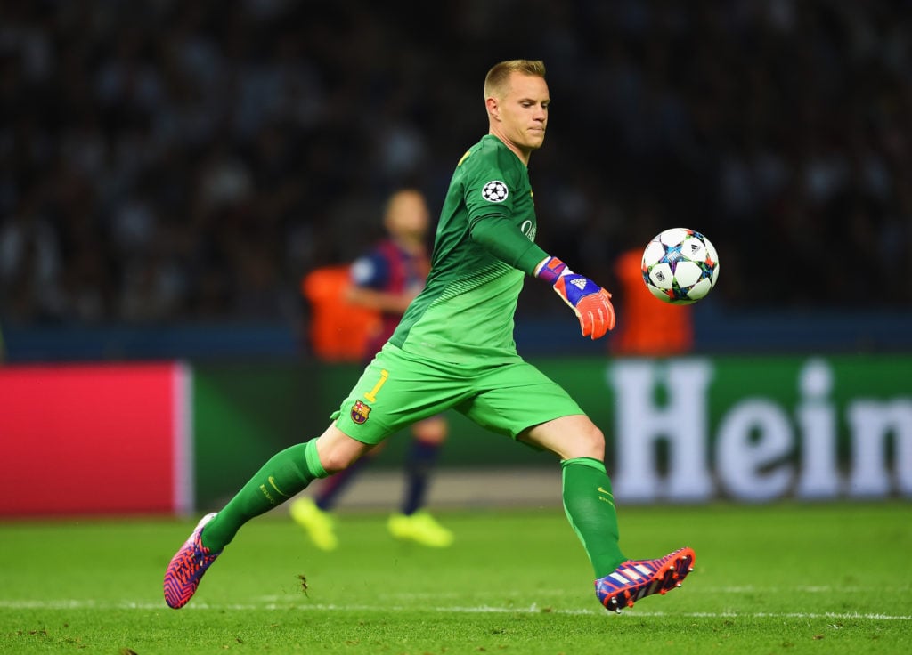 Marc-Andre ter Stegen of Barcelona kicks the ball down field during the UEFA Champions League Final between Juventus and FC Barcelona at Olympiastadion.