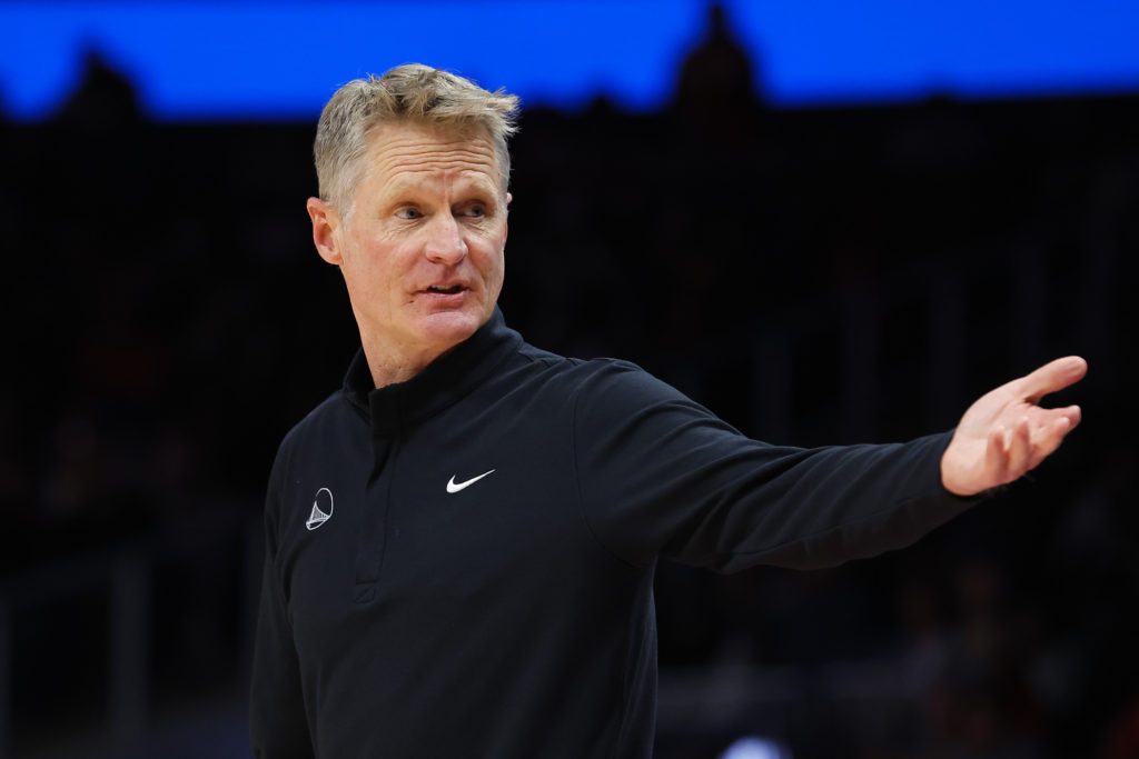 Head Coach Steve Kerr of the Golden State Warriors reacts during the first half against the Atlanta Hawks at State Farm Arena.