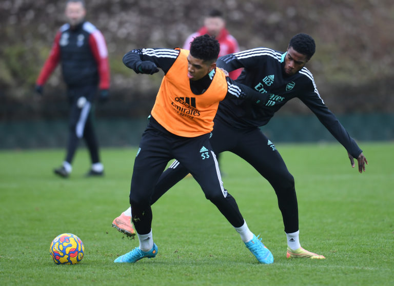 L-R0 Tyreece John-Jules and Ryan Alebiosu of Arsenal during a training session at London Colney on January 22, 2022 in St Albans, England. (Photo by Stuart MacFarlane/Arsenal FC via Getty Images