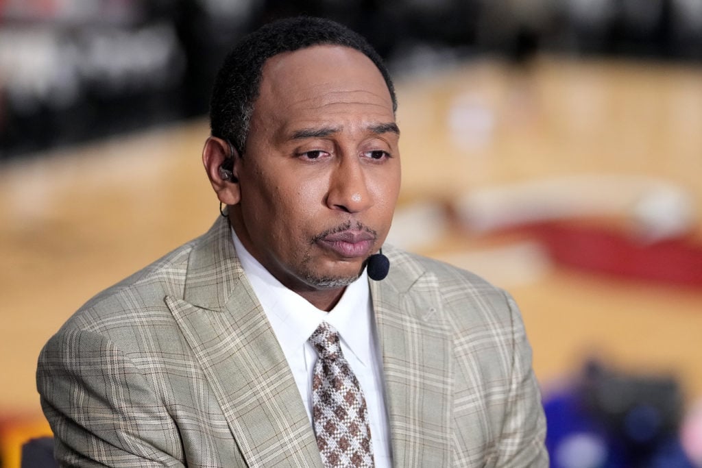 Commentator Stephen A. Smith looks on prior to Game Five between the Boston Celtics and the Miami Heat in the 2022 NBA Playoffs Eastern Conference Finals at FTX Arena.