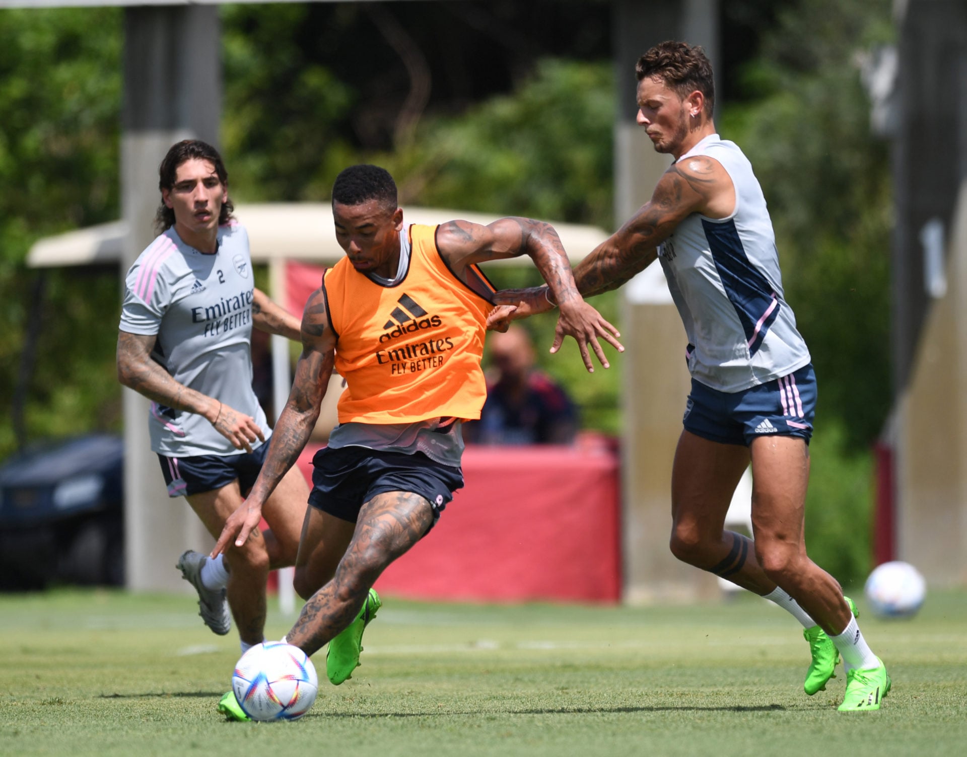 L-R0 Gabriel Jesus and Ben White of Arsenal during a training session at the Omni Resort on July 19, 2022 in Orlando, Florida. (Photo by Stuart MacFarlane/Arsenal FC via Getty Images