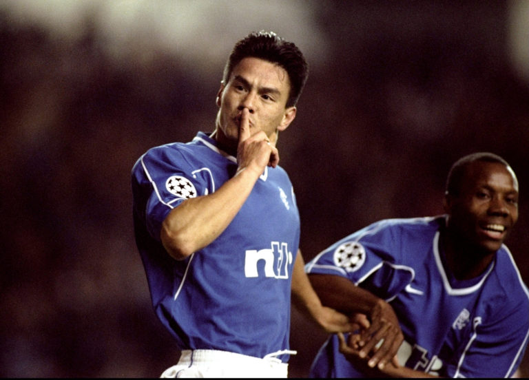 20 Oct 1999:  Michael Mols of Rangers celebrates his goal against PSV Eindhoven in the UEFA Champions League  Group F match at Ibrox in Glasgow. Ra...