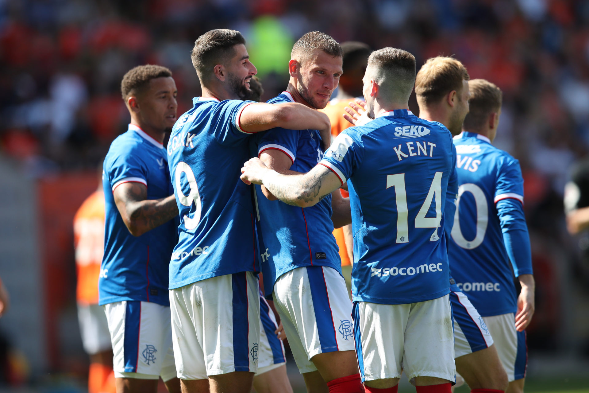 BLACKPOOL, ENGLAND - JULY 16: Borna Barisic of Rangers celebrates with teammates after scoring a goal during the Pre-Season Friendly match between ...