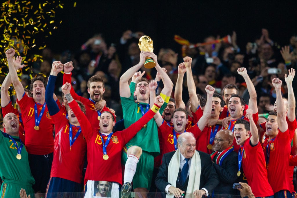 Iker Casillas lifts the World Cup trophy after Spain beat the Netherlands in the 2010 final in Johannesburg, South Africa.