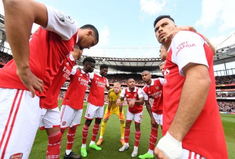 LONDON, ENGLAND - OCTOBER 01: Arsenal players (L-R) Ben White, Bukayo Saka, Thomas Partey, Aaron Ramsdale, Gabriel Jesus, Gabriel, Oleksandr Zinche...