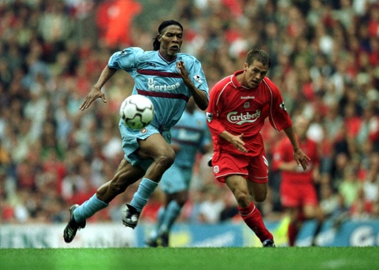 18 Aug 2001:  Michael Owen of Liverpool clashes with Rigobert Song of West Ham during the Liverpool v West Ham Utd Barclaycard Premiership match at...