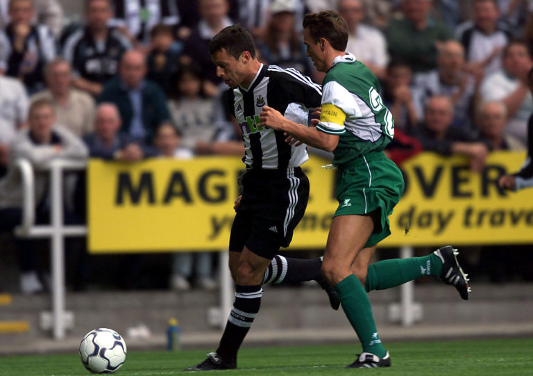 21 Jul 2001:  Christian Bassedas of Newcastle holds off Arnar Vidarsson of Lokeren during the UEFA Intertoto third round second-leg match between N...