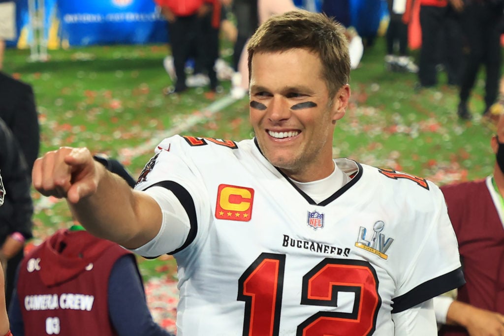Tom Brady #12 of the Tampa Bay Buccaneers celebrates after defeating the Kansas City Chiefs in Super Bowl LV at Raymond James Stadium.