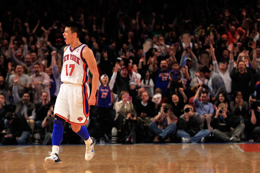 Jeremy Lin #17 of the New York Knicks reacts after shooting a three pointer against the Dallas Mavericks at Madison Square Garden.
