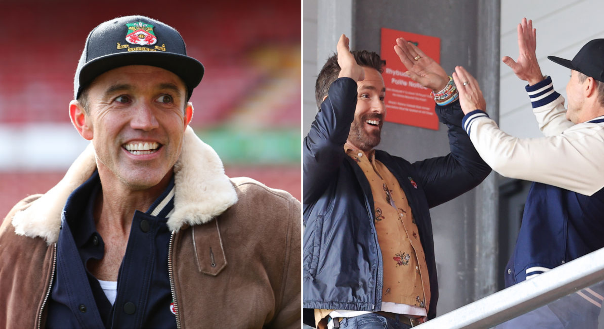 Rob McElhenney and Ryan Reynolds celebrating at Wrexham AFC