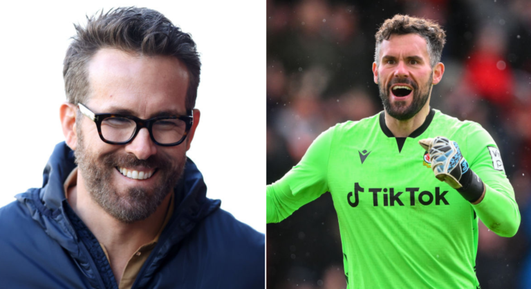 side by side photo of wrexham co-owner Ryan Reynolds and goalkeeper Ben Foster