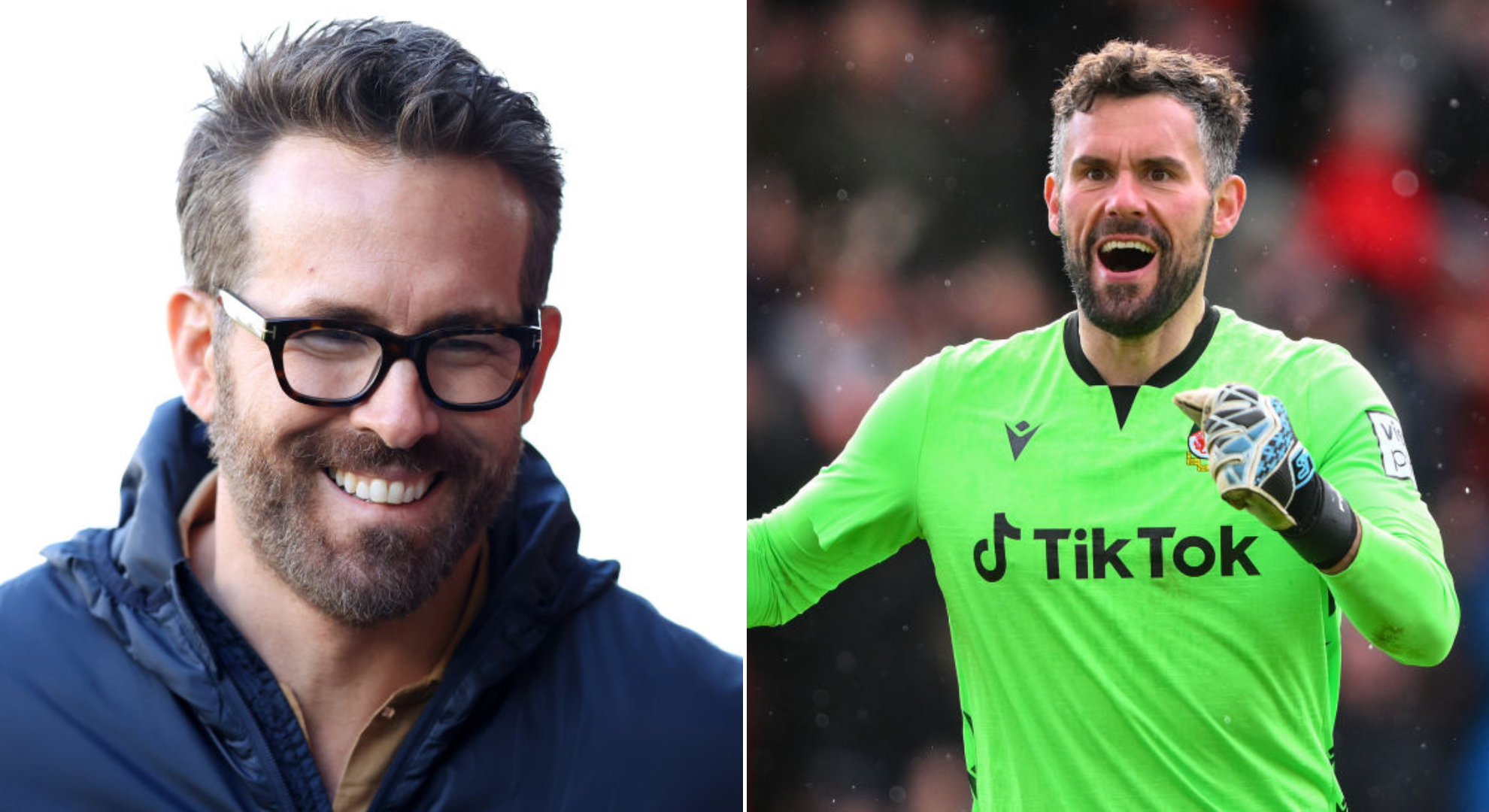 side by side photo of wrexham co-owner Ryan Reynolds and goalkeeper Ben Foster