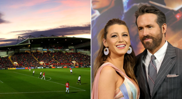 Side by side photo of Wrexham's Racecourse Ground and actors Blake Lively and Ryan Reynolds
