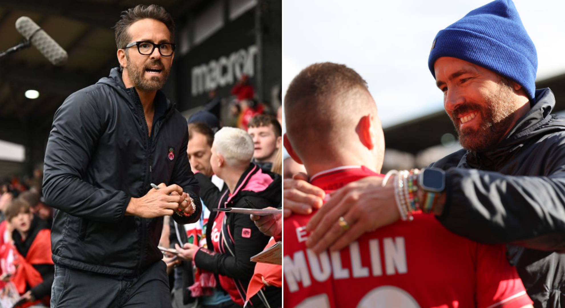 Side by side photo of Ryan Reynolds with Wrexham fans and striker Paul Mullin