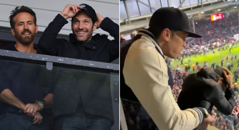 Side by side photo of Ryan Reynolds and Paul Rudd, and Rob McElhenney and Ryan Reynolds at recent Wrexham game