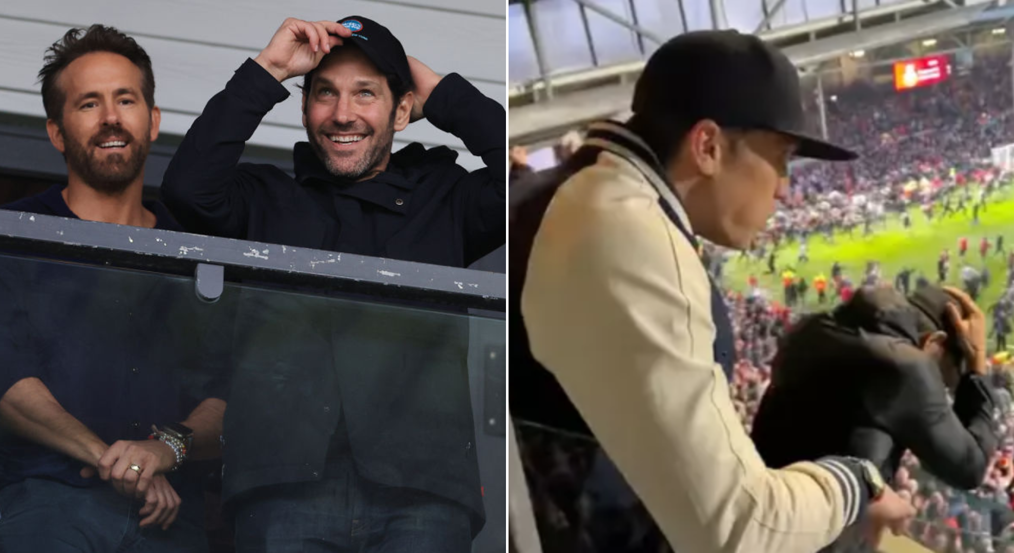 Side by side photo of Ryan Reynolds and Paul Rudd, and Rob McElhenney and Ryan Reynolds at recent Wrexham game