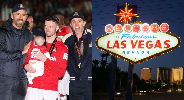 Side by side photo of Ryan Reynolds, Wrexham player Anthony Forde, Rob McElhenney and famous Las Vegas sign