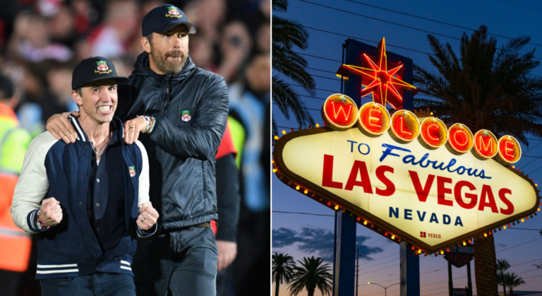 side by side photo of ryan reynolds, rob mcelhenney and las vegas sign