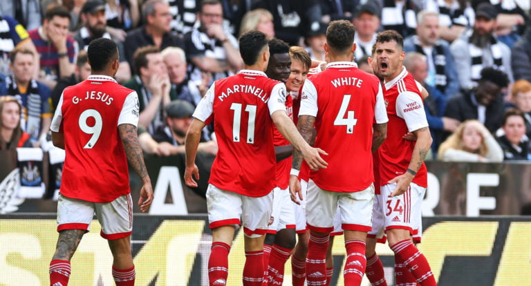 NEWCASTLE, ENGLAND - MAY 7: Martin Odegaard of Arsenal celebrates after scoring a goal to make it 0-1 during the Premier League match between Newca...
