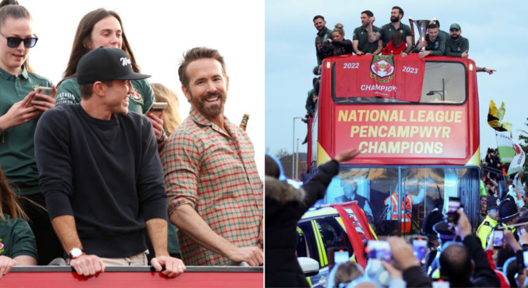 side by side photo of Ryan Reynolds, Rob McElhenney and Wrexham open top bus parade