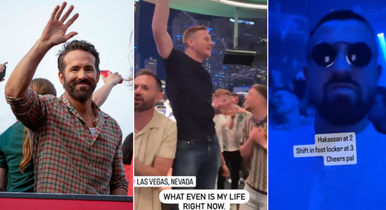 Side by side photos of Ryan Reynolds, Wrexham players including Paul Mullin in Las Vegas and Eoghan O'Connell