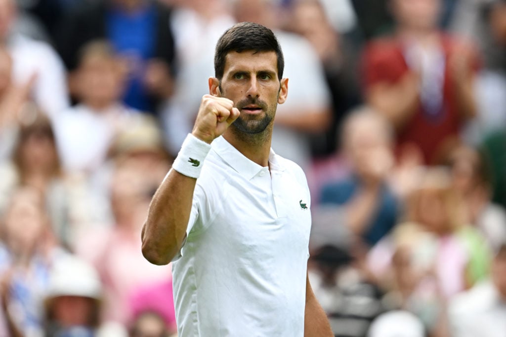 Novak Djokovic celebrates at Wimbledon.