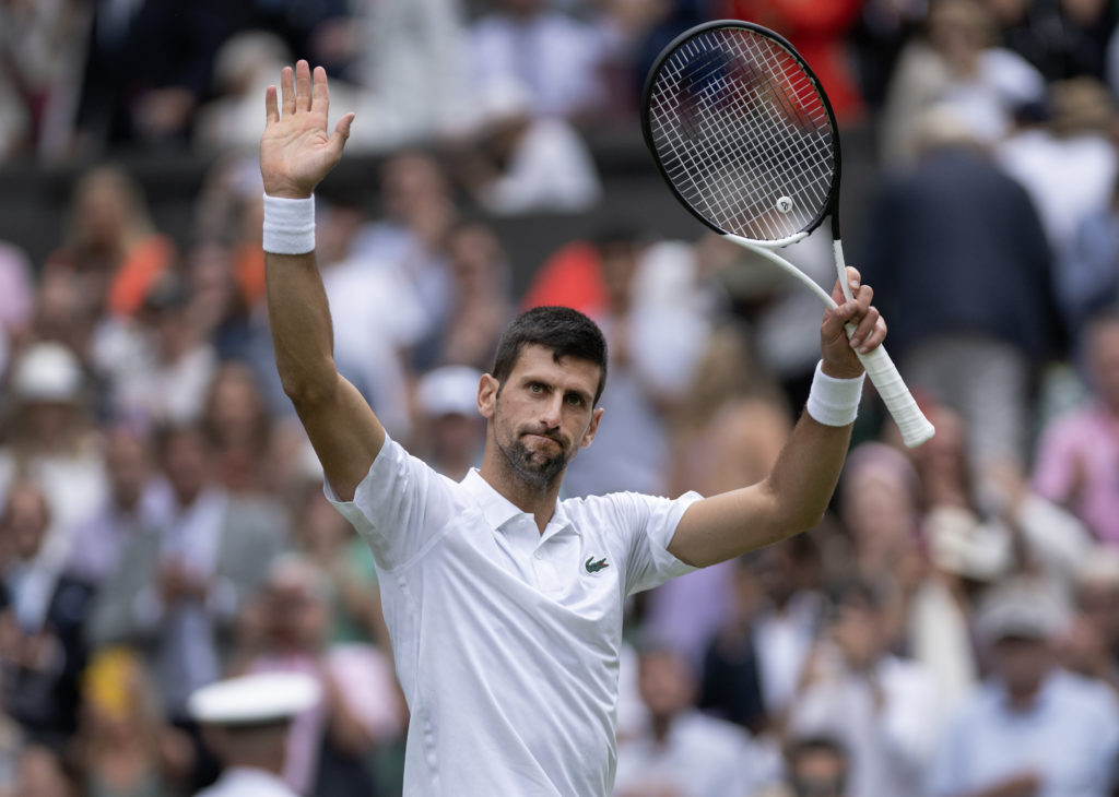 Novak Djokovic reacts at Wimbledon in 2023.