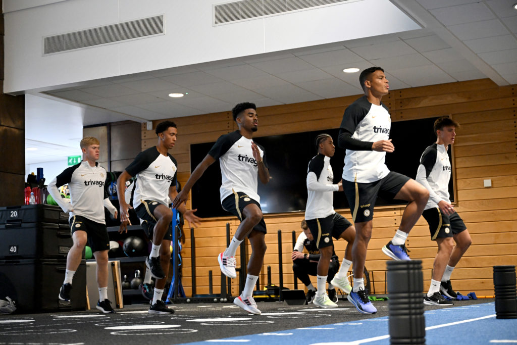COBHAM, ENGLAND - JULY 4: Lewis Hall, Bashir Humphreys, Ian Maatsen, Andrey Santos, Thiago Silva and Cesare Casadei of Chelsea during a gym training session at Chelsea Training Ground on July 4, 2023 in Cobham, England. (Photo by Darren Walsh/Chelsea FC via Getty Images)