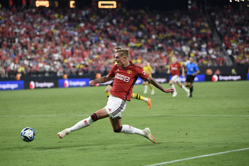 LAS VEGAS, NEVADA - JULY 30: Brandon Williams #33 of Manchester United kicks the ball during the pre-season friendly against Borussia Dortmund at Allegiant Stadium on July 30, 2023 in Las Vegas, Nevada. (Photo by Candice Ward/Getty Images)