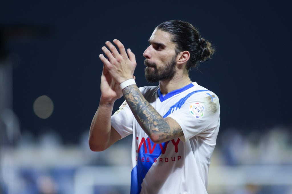 Ruben Neves of Al Hilal victory celebrates after the Saudi Pro League match between Al Fateh and Al-Hilal at Prince Abdullah Bin Jalawi Stadium.