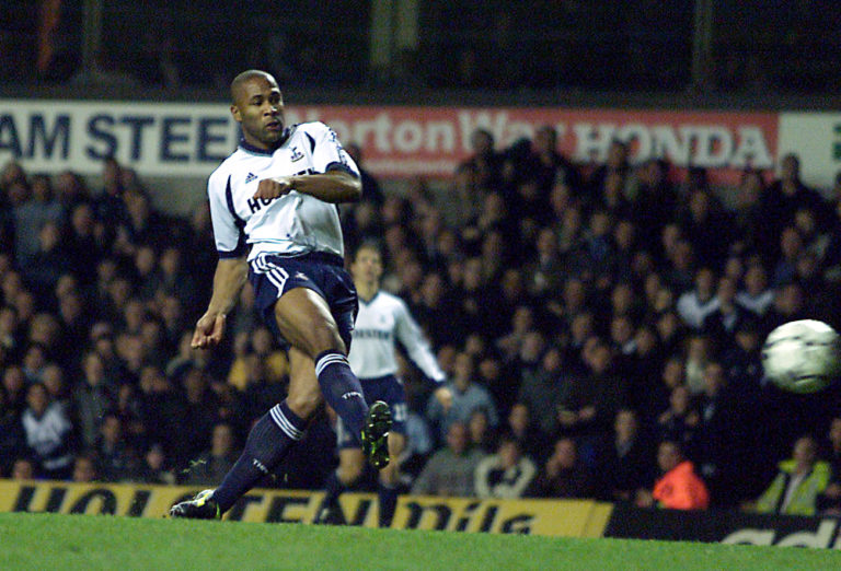 3 Dec 2001:  Les Ferdinand of Tottenham Hotspur scores the second Tottenham goal during the FA Barclaycard Premiership match between Tottenham Hots...