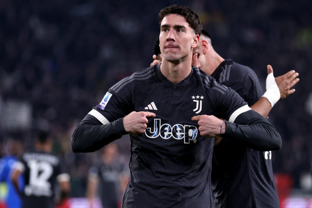 Dusan Vlahovic of Juventus Fc celebrates after scoring a