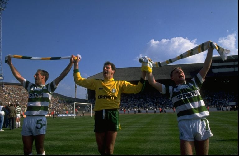 1989:  Pat Bonner (centre) of Celtic celebrates with his team mates after the Scottish Cup Final match against Rangers at Hampden Park in Glasgow, ...
